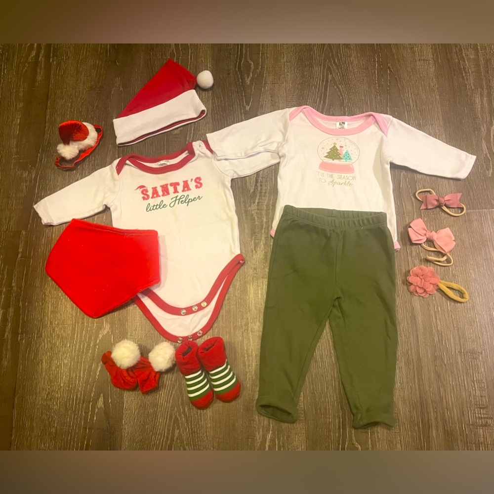 Christmas outfits with variety of hats, headbands, shoes, and bib